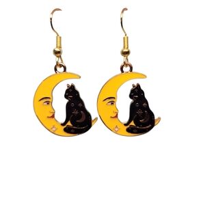 Yellow Moon and Black Cat Earrings 284
